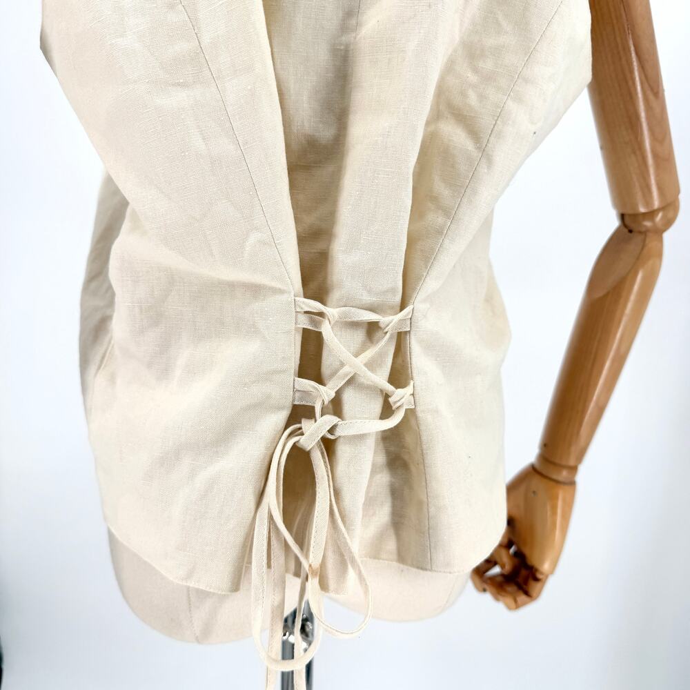 Vintage 90s Bushwacker Cream Linen Cotton Minimalist Eyelet Lace Back Vest - Picture 4 of 8